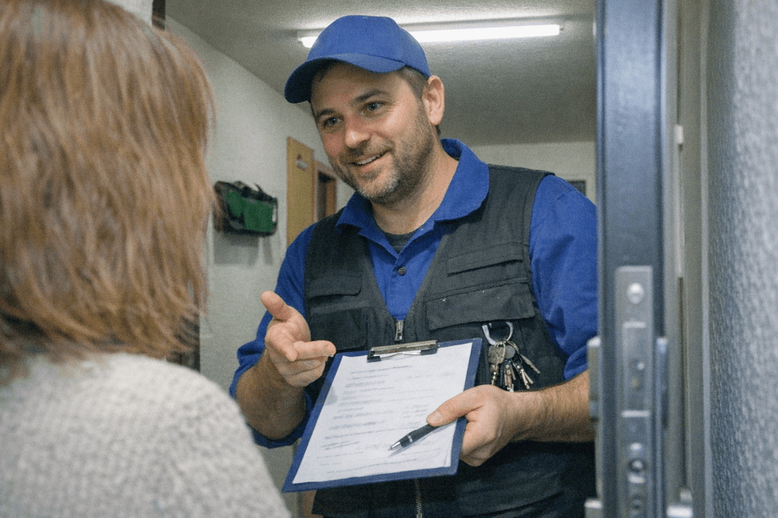 Freundlicher Techniker kommuniziert den Ablauf